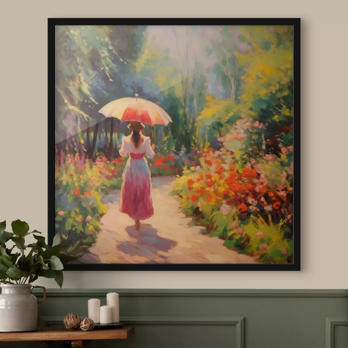 Plakat Daam vihmavarjuga õitsvas aias f41495