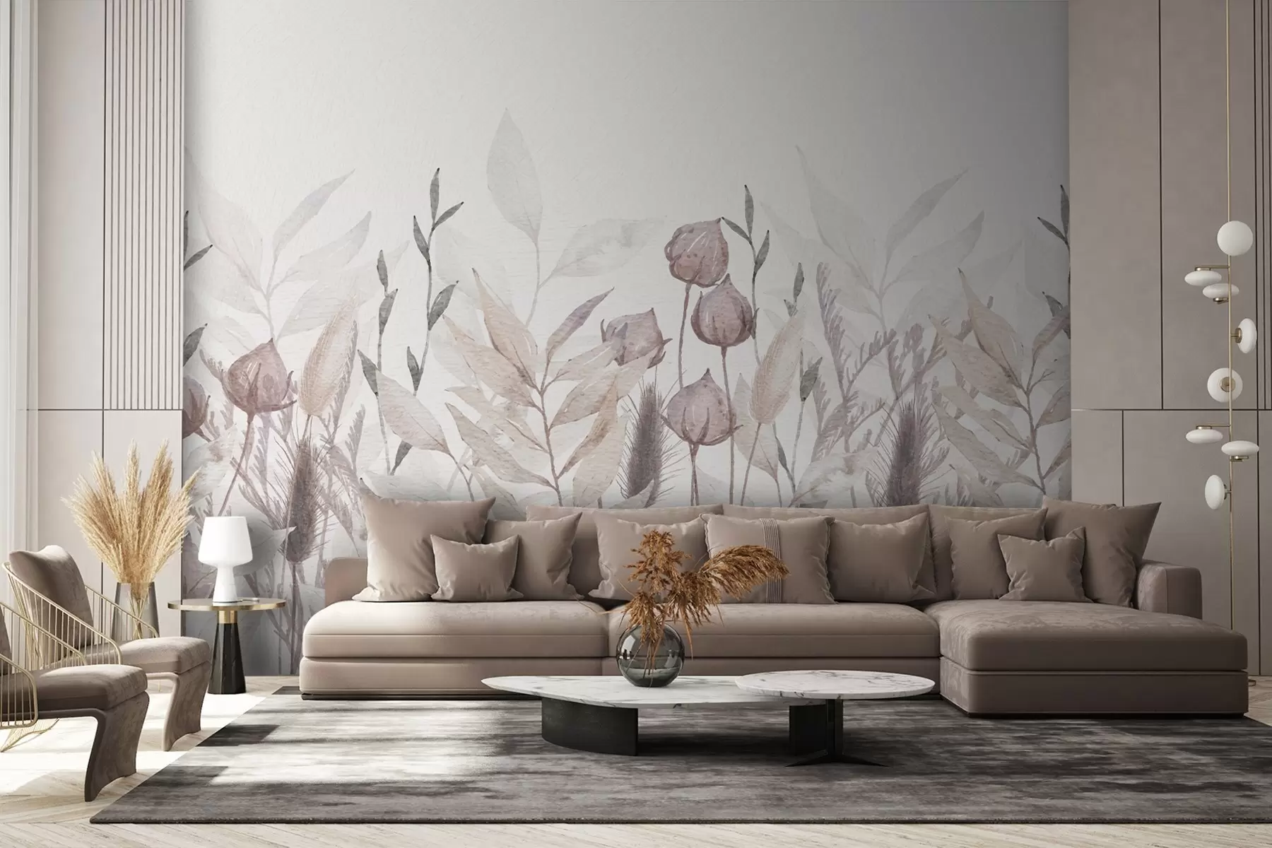 Fototapeedid tüvikud ja metsikud taimed beeži toonides w02203