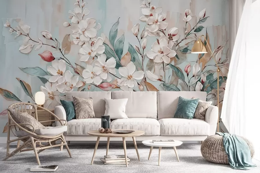 Fototapeedid Lillelised pastelsed õrnad valged lilled roosa keskusega, mida ümbritsevad lopsakad rohelised lehed ja oksad w08399