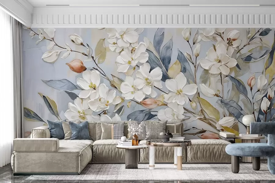 Fototapeedid Lillelised pastelsed õrnad valged lilled kollase keskusega, mida ümbritsevad lopsakad rohelised lehed ja oksad w08399v1