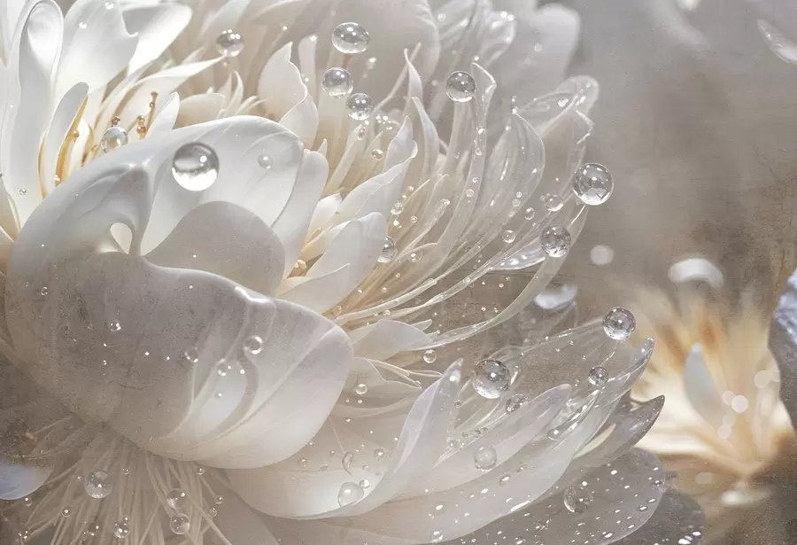 Fototapeedid Lähivaade beežist pioonilillest, mille õrnadel kroonlehtedel on veetilgad, mis loovad pehme atmosfääri w08402