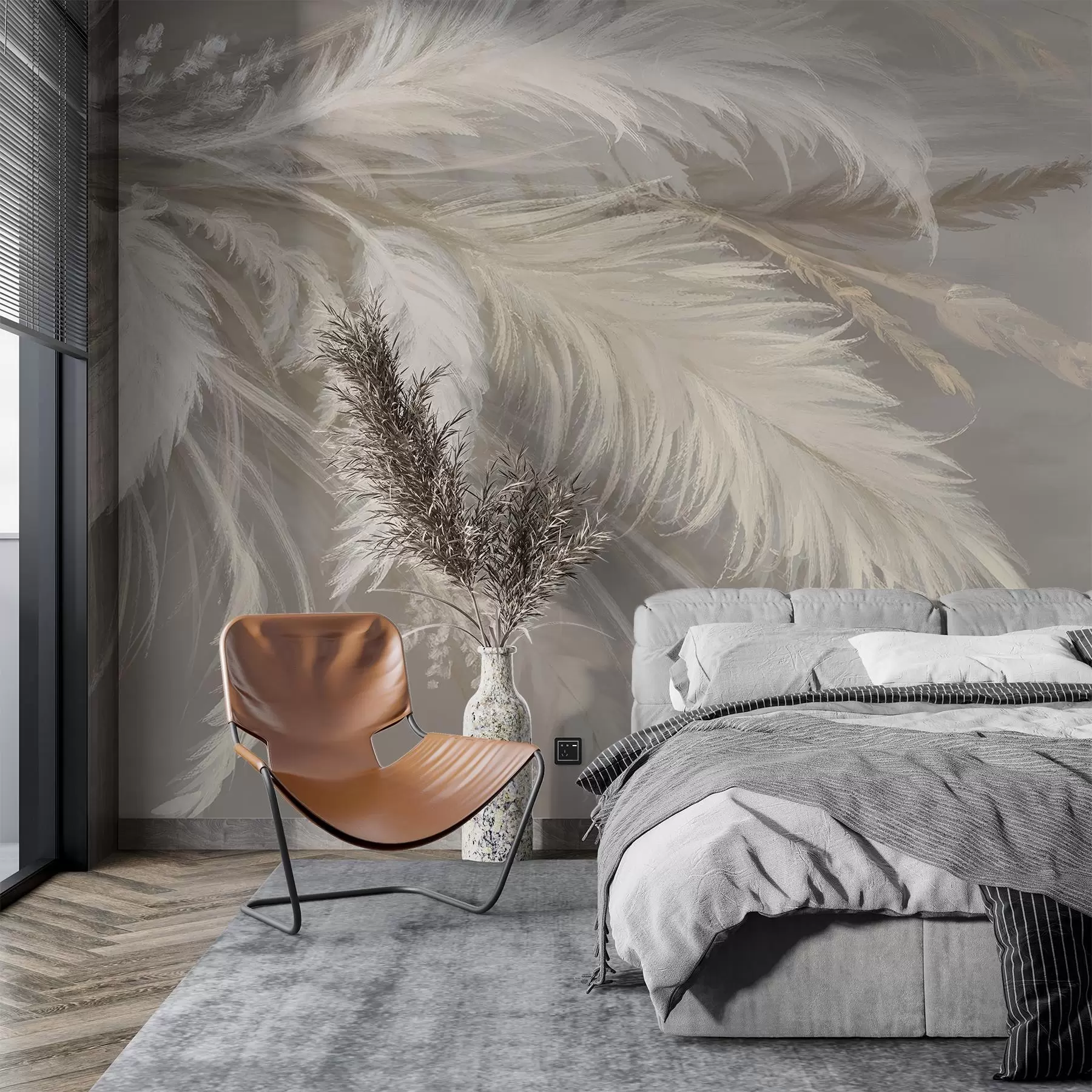 Fototapeedid Pehmed, kohevad valged suled ja kuivatatud lilled neutraalsel pastellbeežil taustal w08403