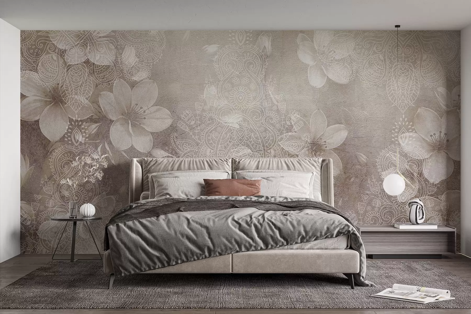 Fototapeedid Pehme fookusega joonistus õrnadest valgetest lilledest hägustatud tekstuuriga pitsbeežil taustal w08405v1