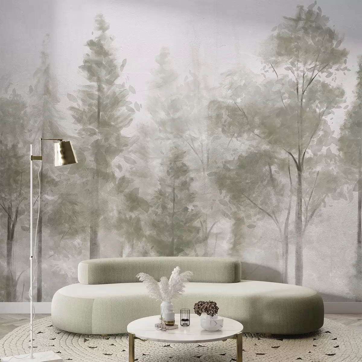 Fototapeedid Kõrge tekstuuriga männipuud sumedas metsas, udune, udune atmosfäär w08411