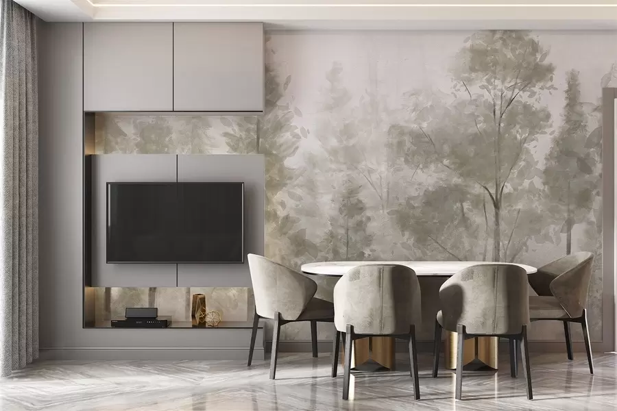 Fototapeedid Kõrge tekstuuriga männipuud sumedas metsas, udune, udune atmosfäär w08411