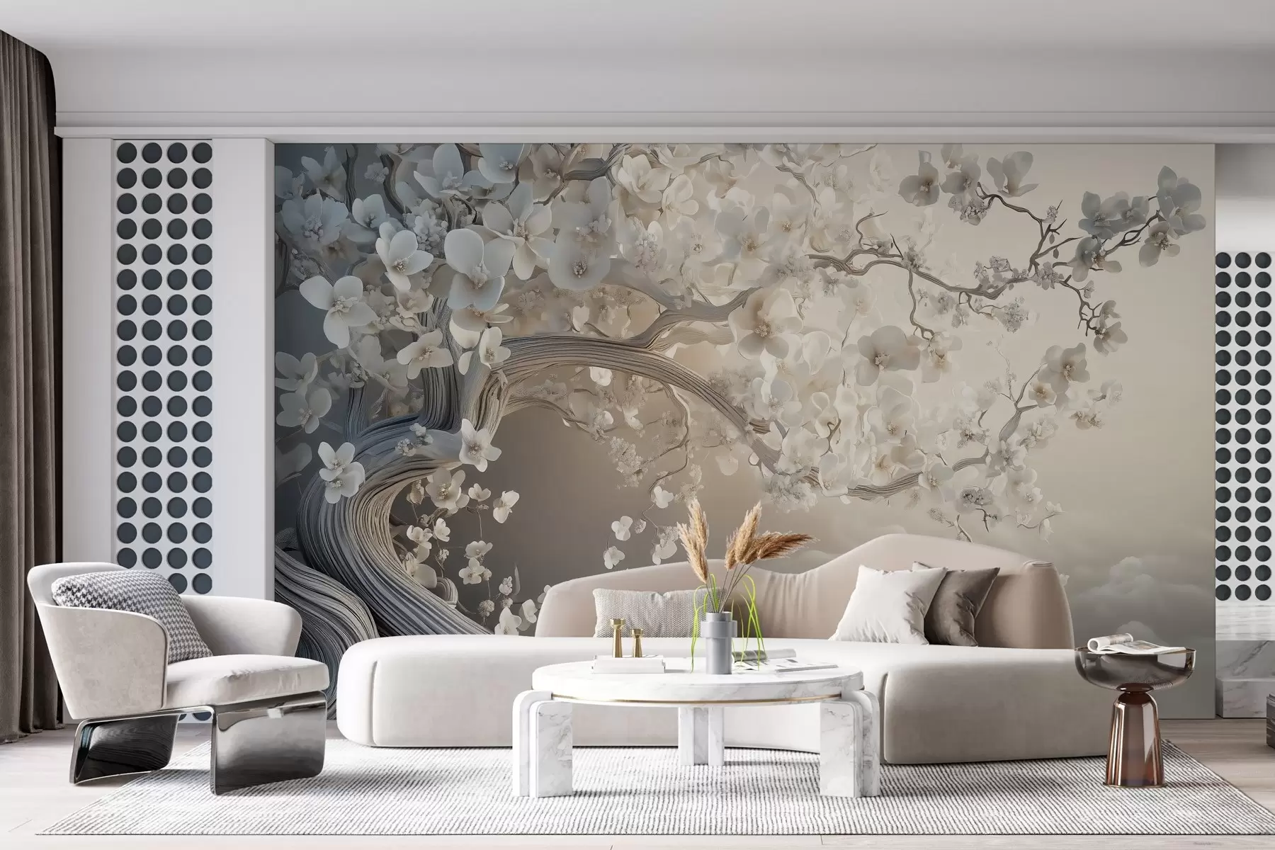 Fototapeedid Võluv puu valgete lilledega pilvede taustal huvitavas stiilis ja õrnades soojades värvides w02133