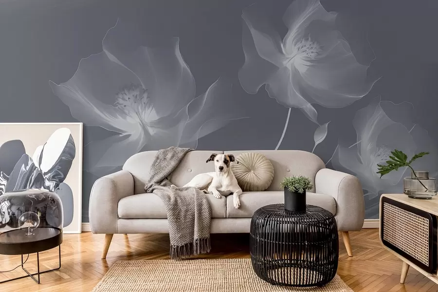 Fototapeedid Kolm graatsilist lille läbipaistvate kroonlehtedega, mis on põimitud sinistes toonides valguse ja tuule paeladega w01932v2