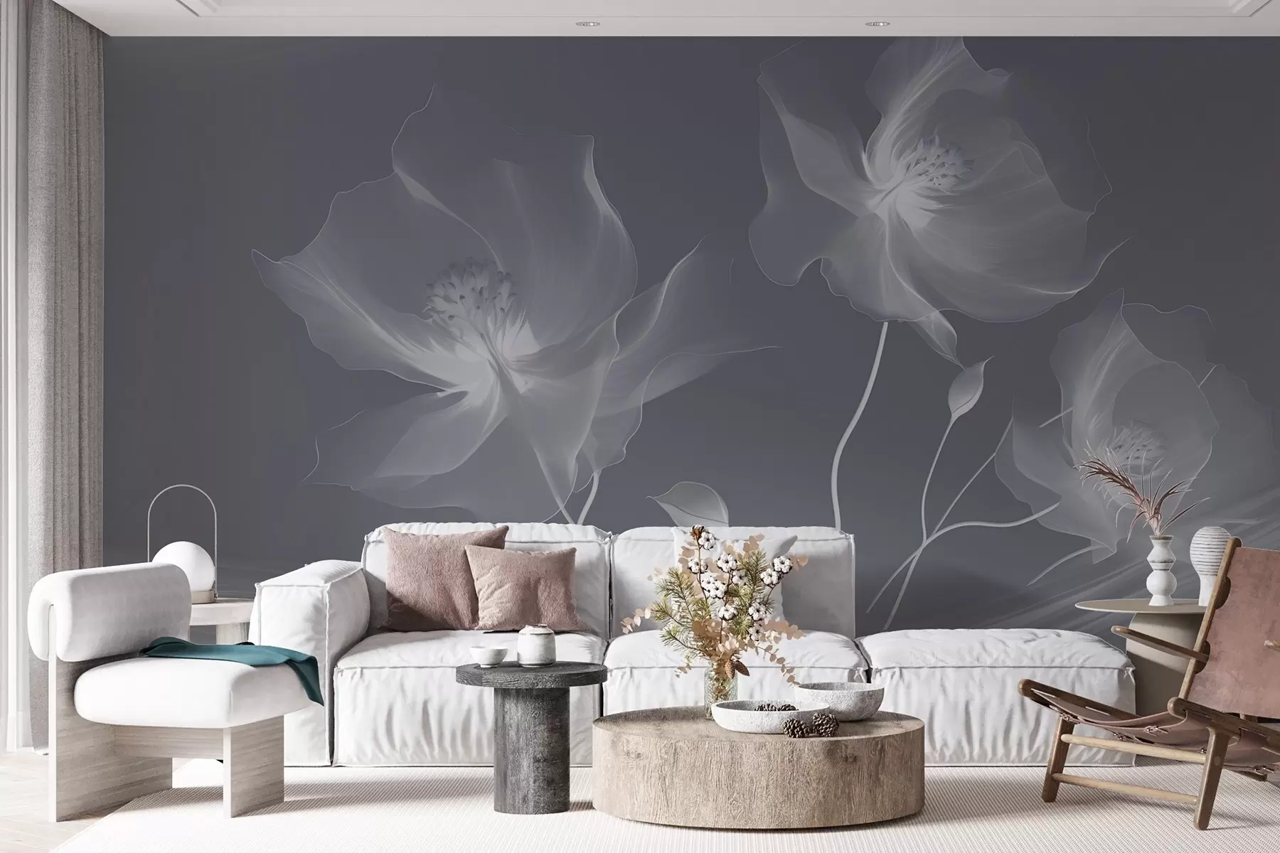 Fototapeedid Kolm graatsilist lille läbipaistvate kroonlehtedega, mis on põimitud sinistes toonides valguse ja tuule paeladega w01932v2