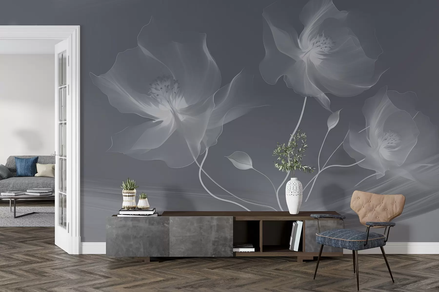 Fototapeedid Kolm graatsilist lille läbipaistvate kroonlehtedega, mis on põimitud sinistes toonides valguse ja tuule paeladega w01932v2