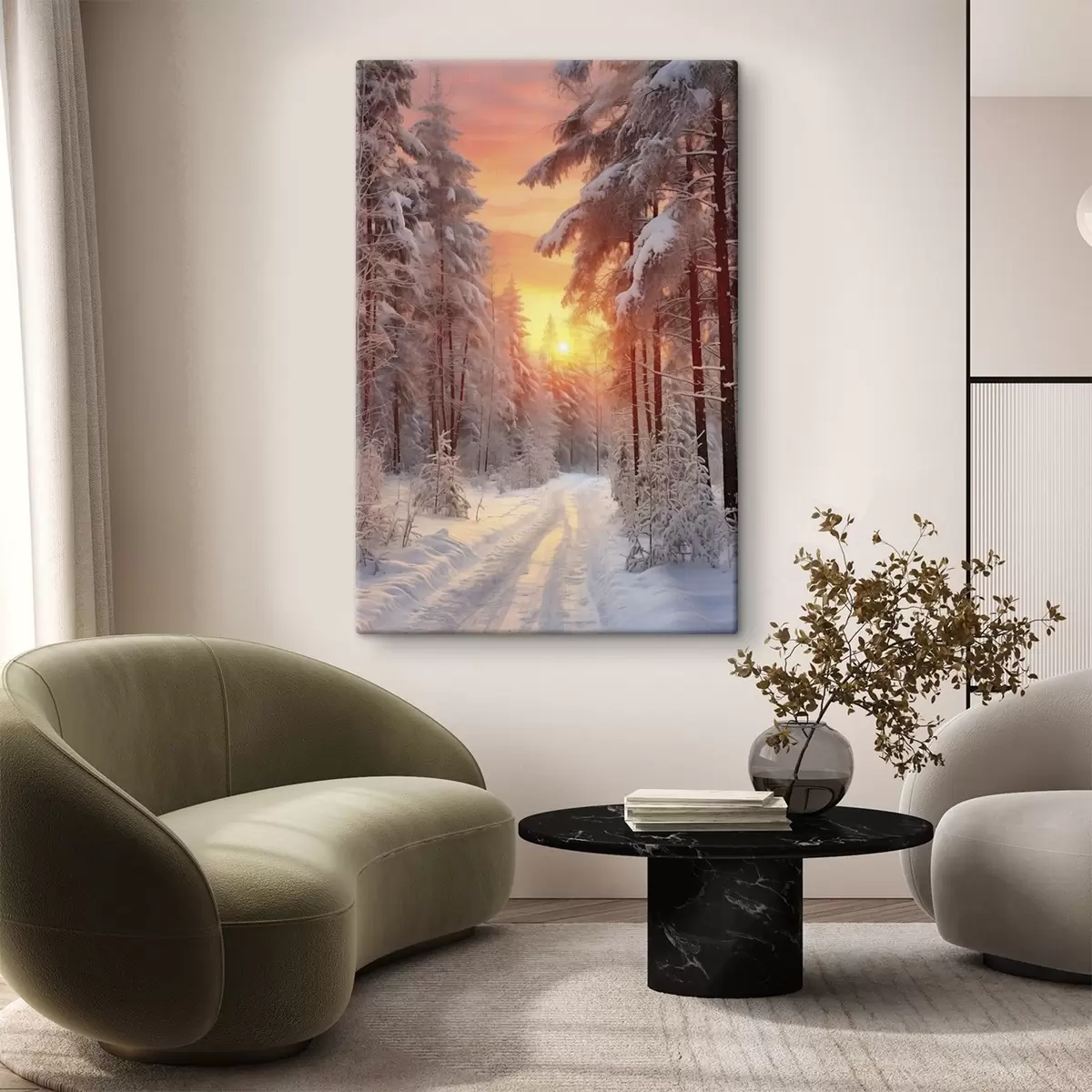 Pilt Rada talvises metsas, lumi, männid, päikeseloojangu värvid s41639