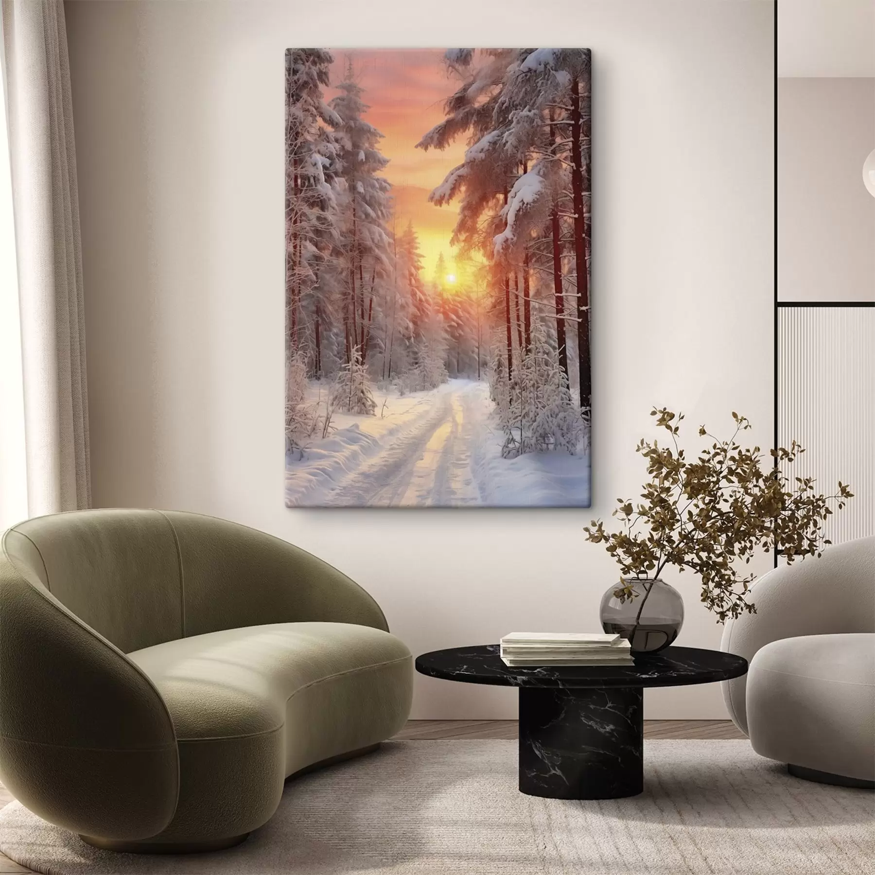 Fototapeedid Rada talvises metsas, lumi, männid, päikeseloojangu värvid s41639