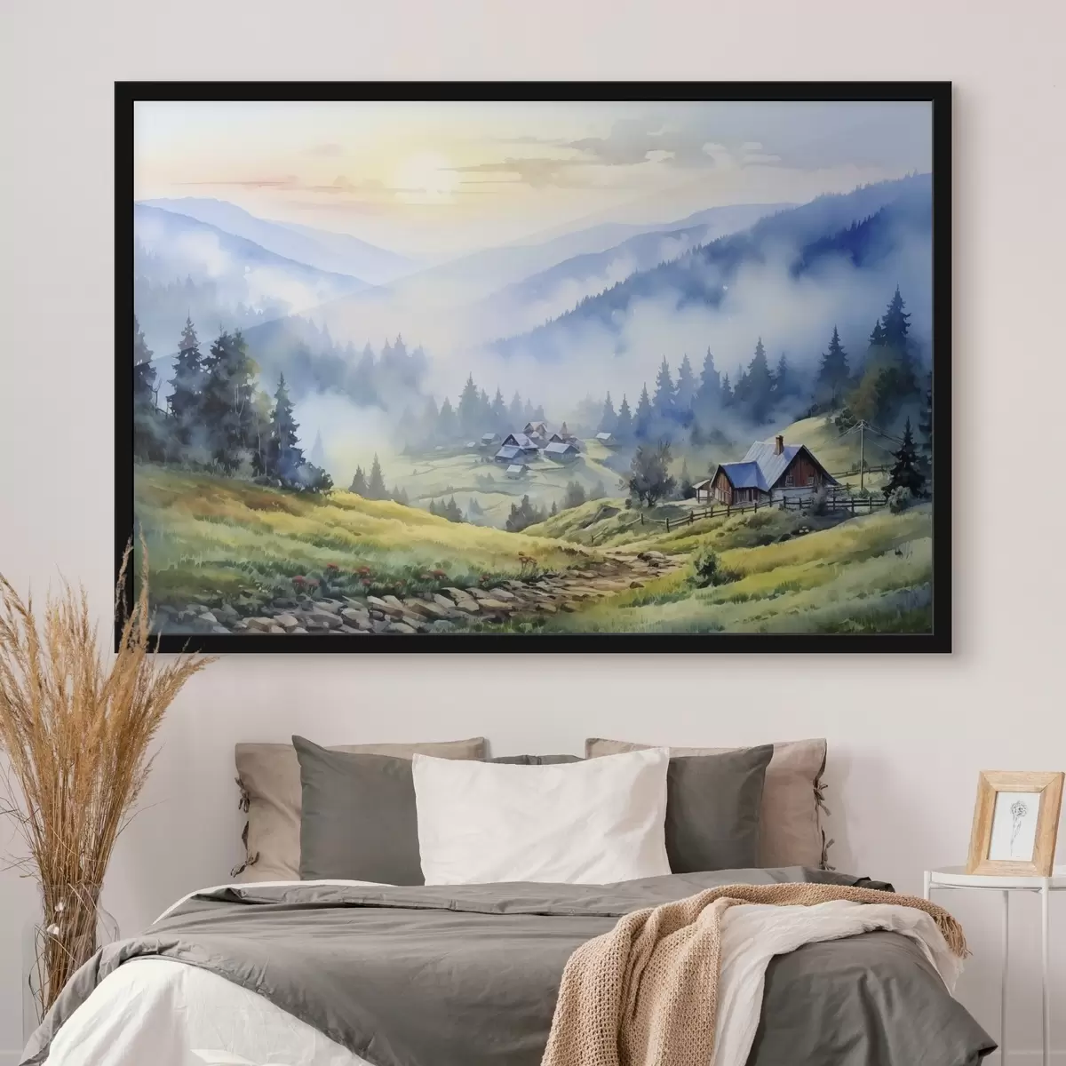 Plakat Karpaatide küla udustes mägedes, mets, akvarell f41648