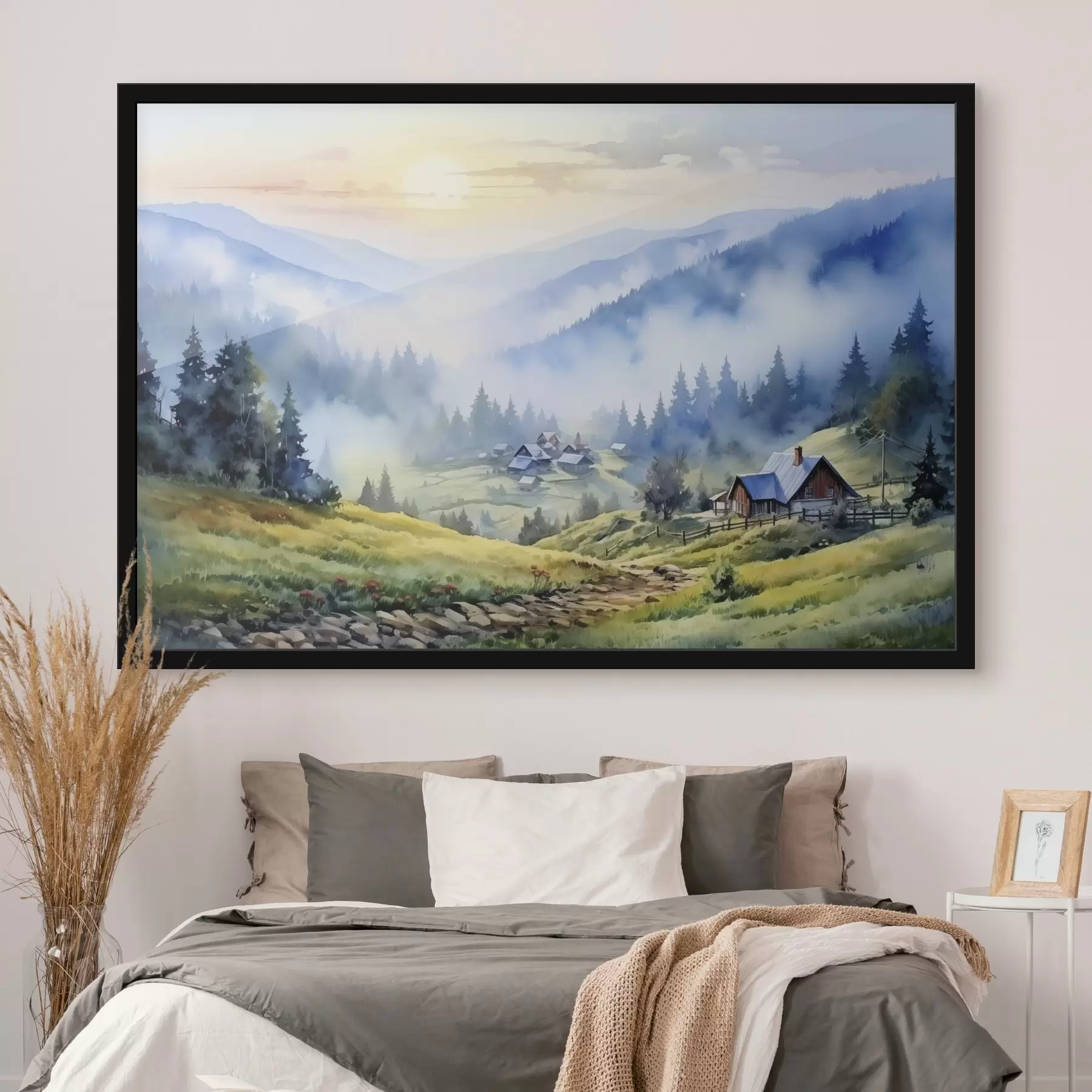 Fototapeedid Karpaatide küla udustes mägedes, mets, akvarell f41648