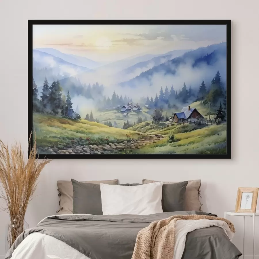 Fototapeedid Karpaatide küla udustes mägedes, mets, akvarell f41648