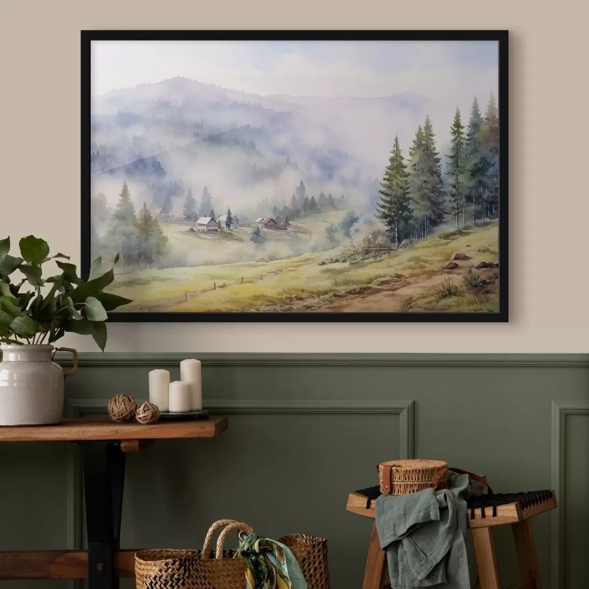 Plakat Ilusad mäed, udune metsamaastik, akvarell, küla f41649