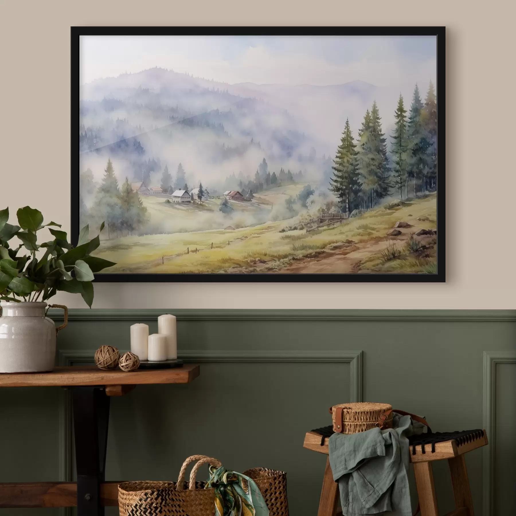 Fototapeedid Ilusad mäed, udune metsamaastik, akvarell, küla f41649