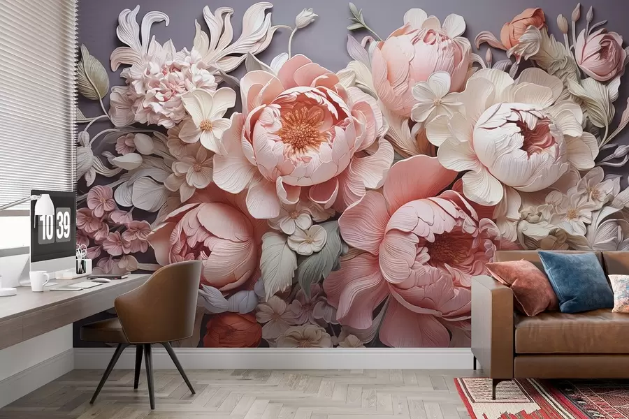 Fototapeedid Roosa-beežide pojengide ja rooside rokokoo stiilis lillekomplekt heledates toonides w01933v1