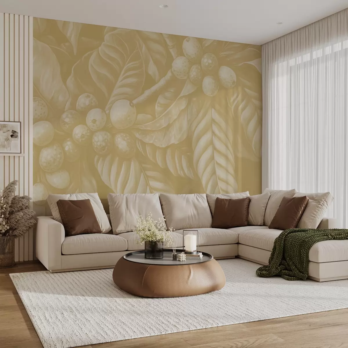 Fototapeedid Kohvitaime oksad koos puuviljade ja troopiliste elementidega beeži toonides w02209v1