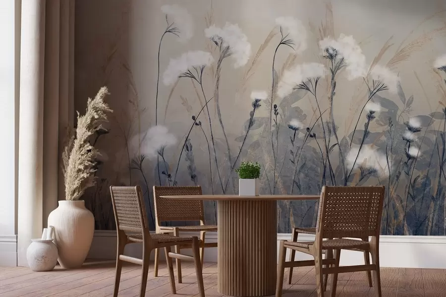 Fototapeedid Pehme, udune ja rahulik atmosfääriga valge puuvillane rohi ähmase tekstuuriga taustal w08416