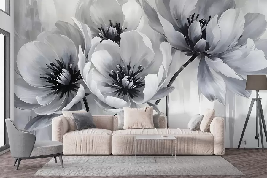 Fototapeedid Ühevärvilised tulbi lilled pehmete, hägustatud kroonlehtedega heledal taustal w08418