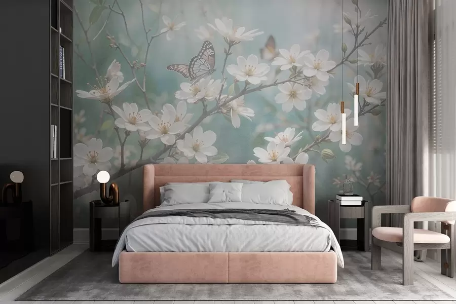 Fototapeedid Valge liblikas oksal koos õrnade valgete kirsiõitega esiplaanil hägusel taustal w08421