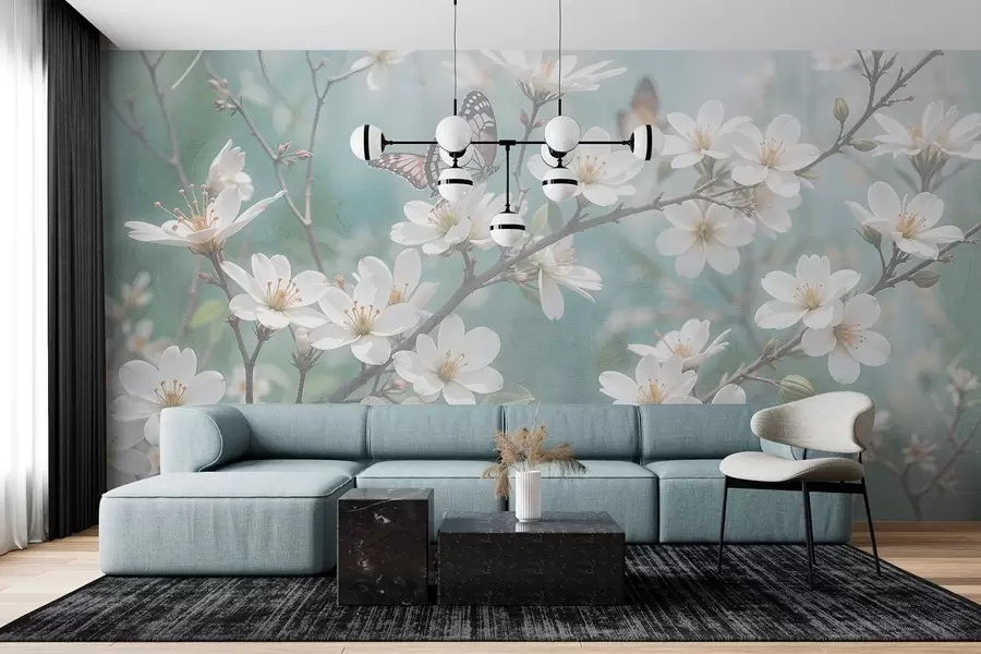 Fototapeedid Valge liblikas oksal koos õrnade valgete kirsiõitega esiplaanil hägusel taustal w08421