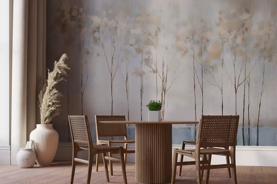 Fototapeedid Paljad puud abstraktses pastelses hägustatud talvises minimalistlikus maastikus pehme, uduse taustaga w08430