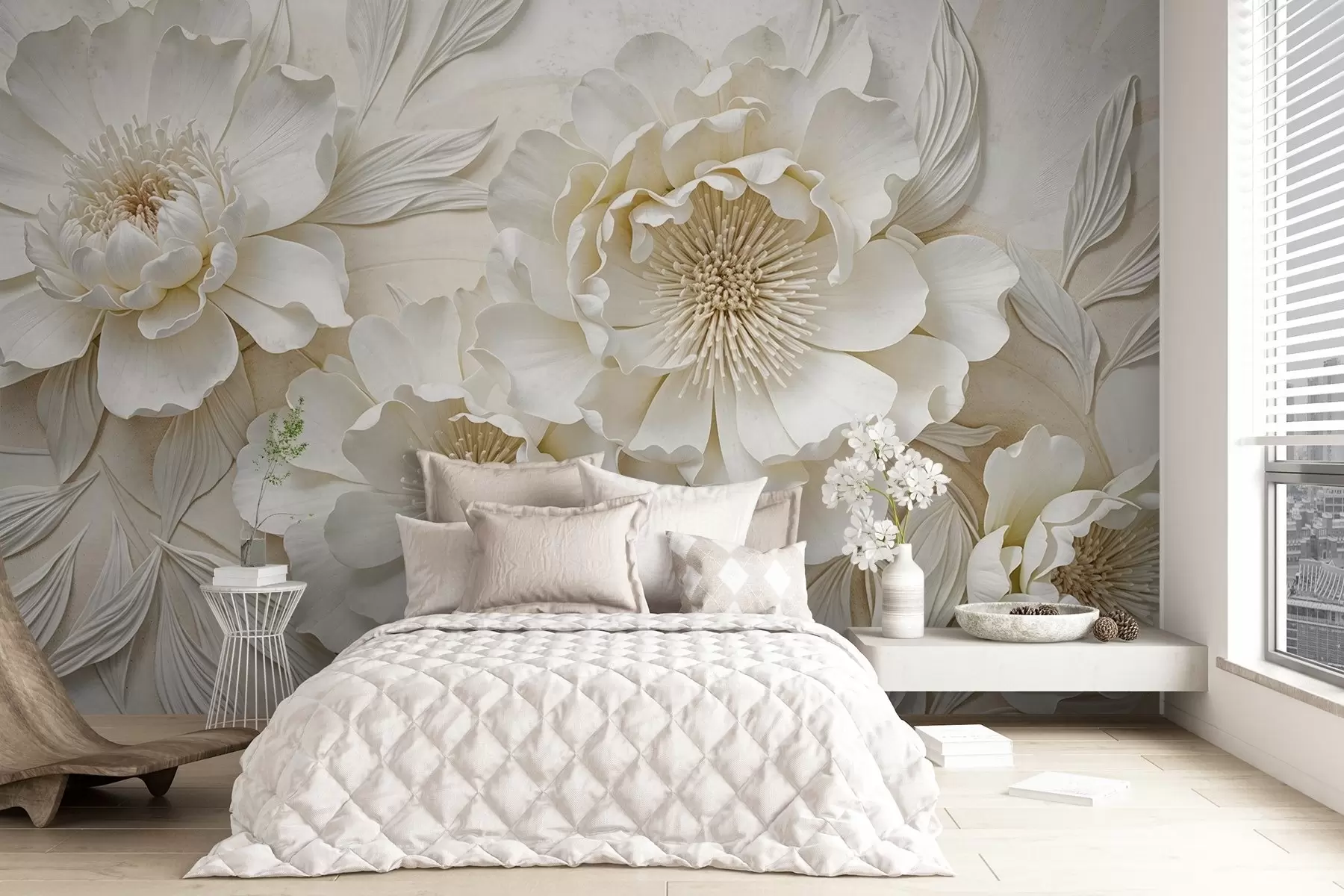 Fototapeedid Elegantsed mahukad valged pehmete kroonlehtedega ja pastelsete kollaste keskosadega imitatsioonipeenia lilled heledal taustal w08431