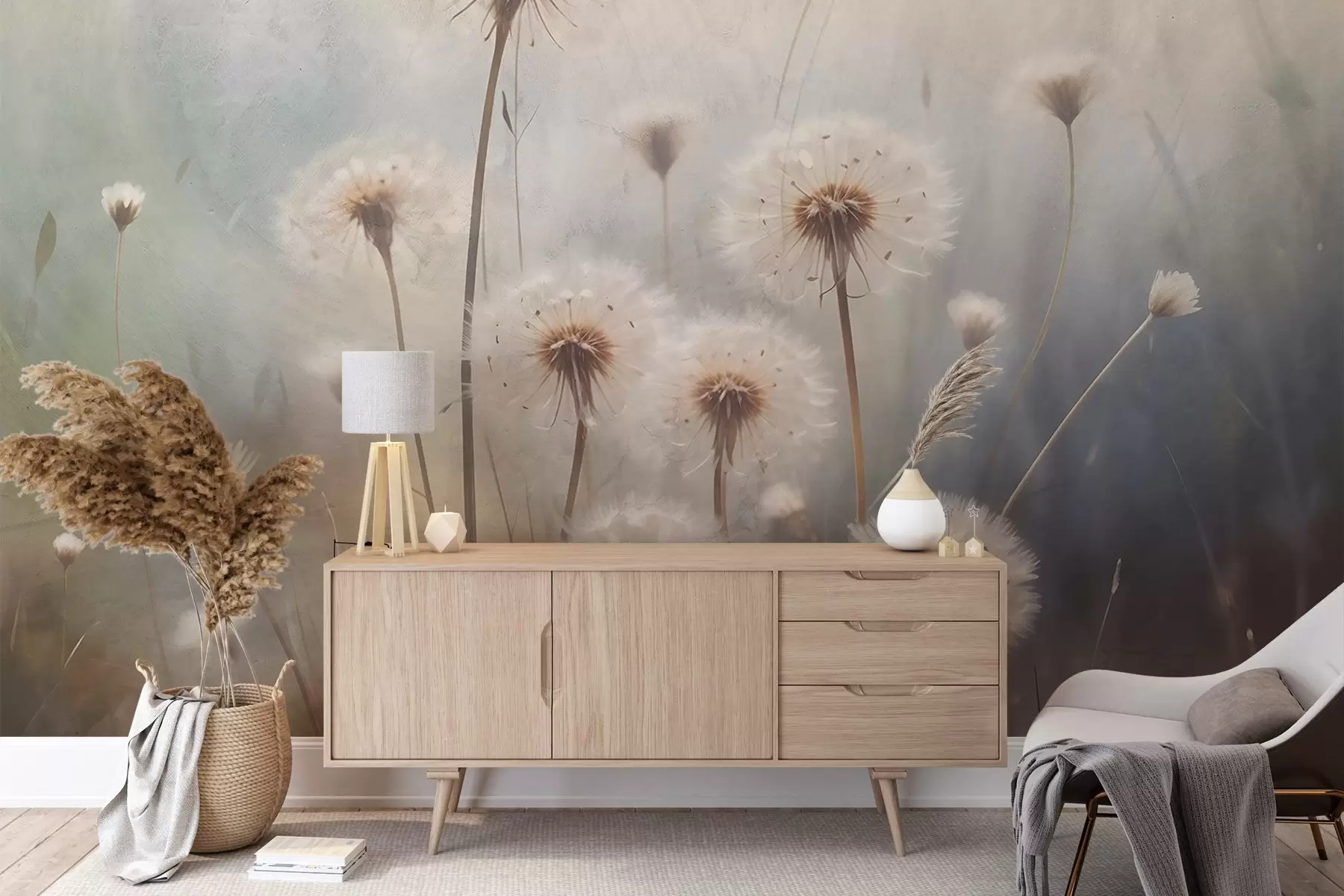 Fototapeedid Pehme fookusega võilillede lilled põllul, hägune pastelsete värvide tekstuuriga taustaga w08432