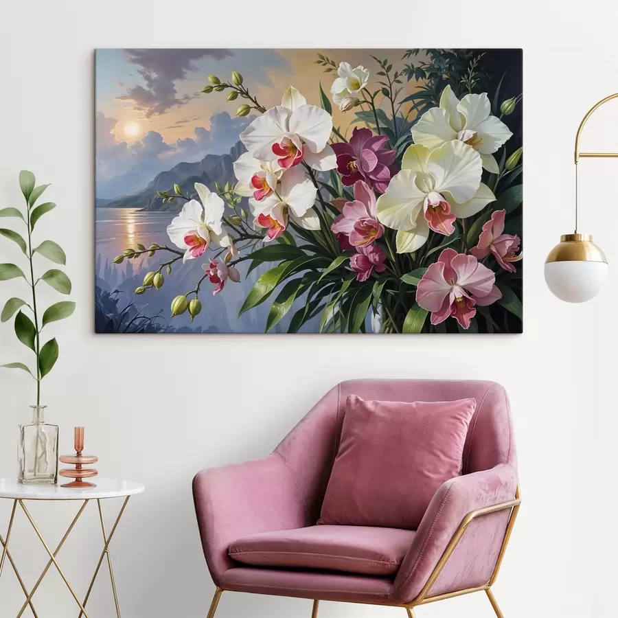 Pilt Elav troopiliste lillede kimp koos orhideede ja lopsakate roheliste lehtedega meremaastiku taustal s41713