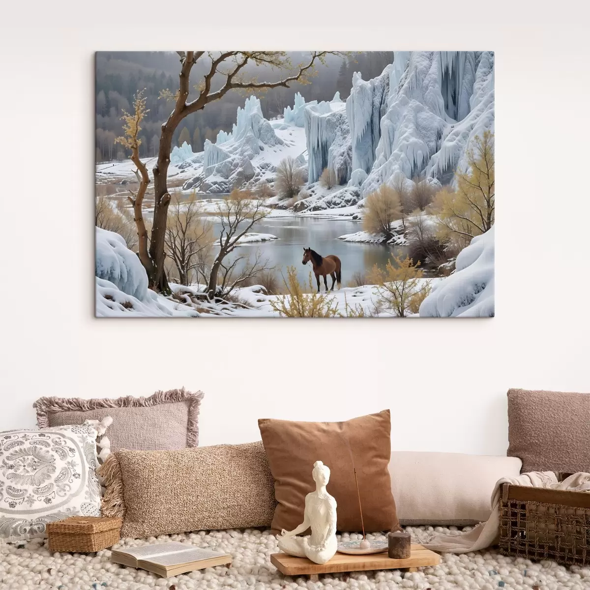 Pilt Lumine talveline maastik, millel on külmunud järv, kõrguvad jäised kaljud ja esiplaanil seisev hobune s41716