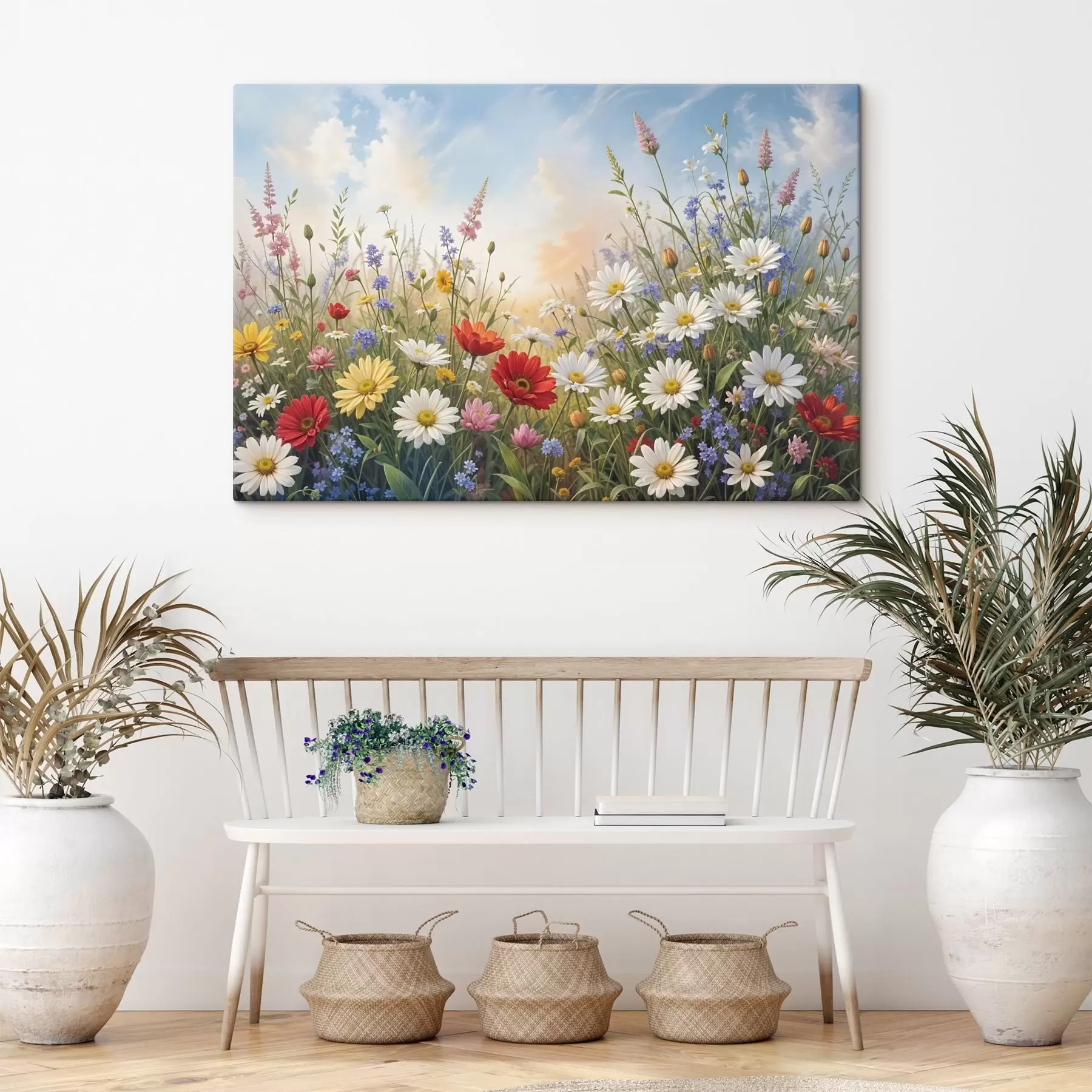 Fototapeedid Värviliste metsalillede väli, sealhulgas päevalilled, moonid ja muud õitsevad taimed sinise taeva taustal  s41725