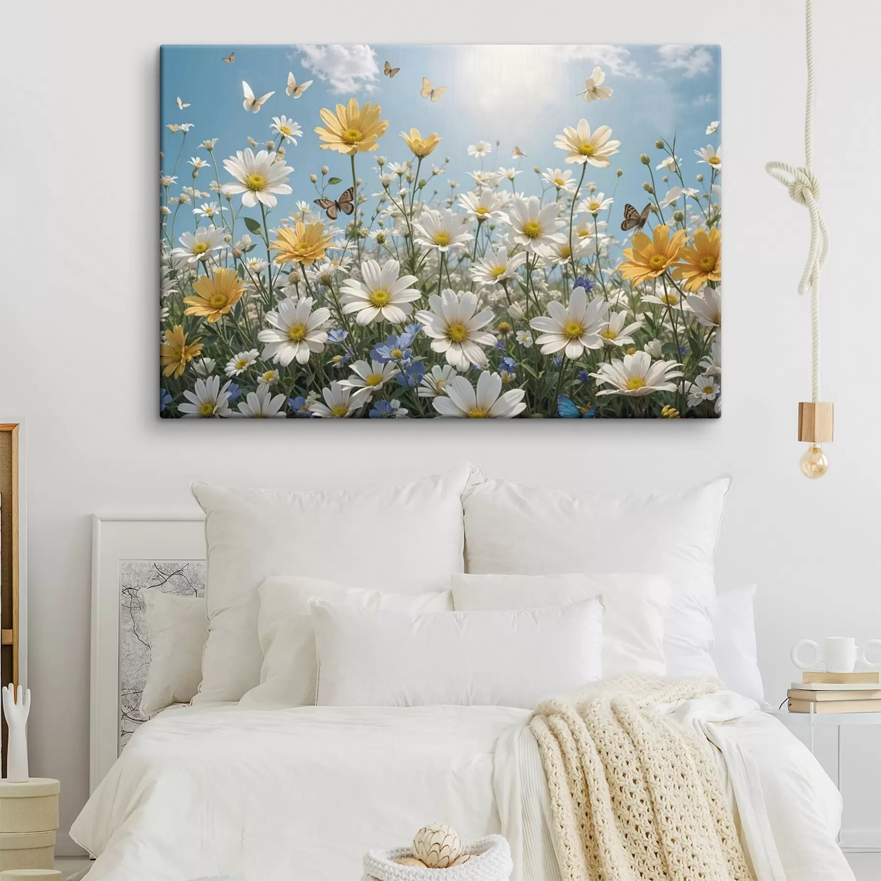 Fototapeedid Valge ja kollane maratüünide väli sinise taeva taustal, mille kohal lendavad kohevad valged pilved ja liblikad s41726