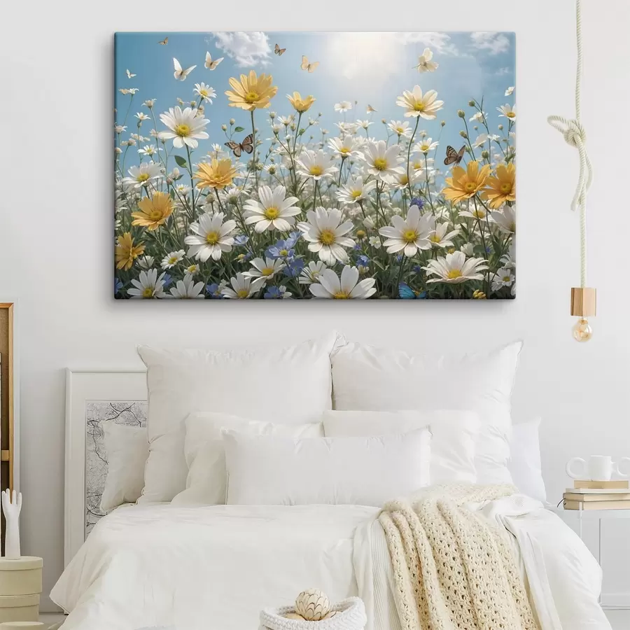 Pilt Valge ja kollane maratüünide väli sinise taeva taustal, mille kohal lendavad kohevad valged pilved ja liblikad s41726