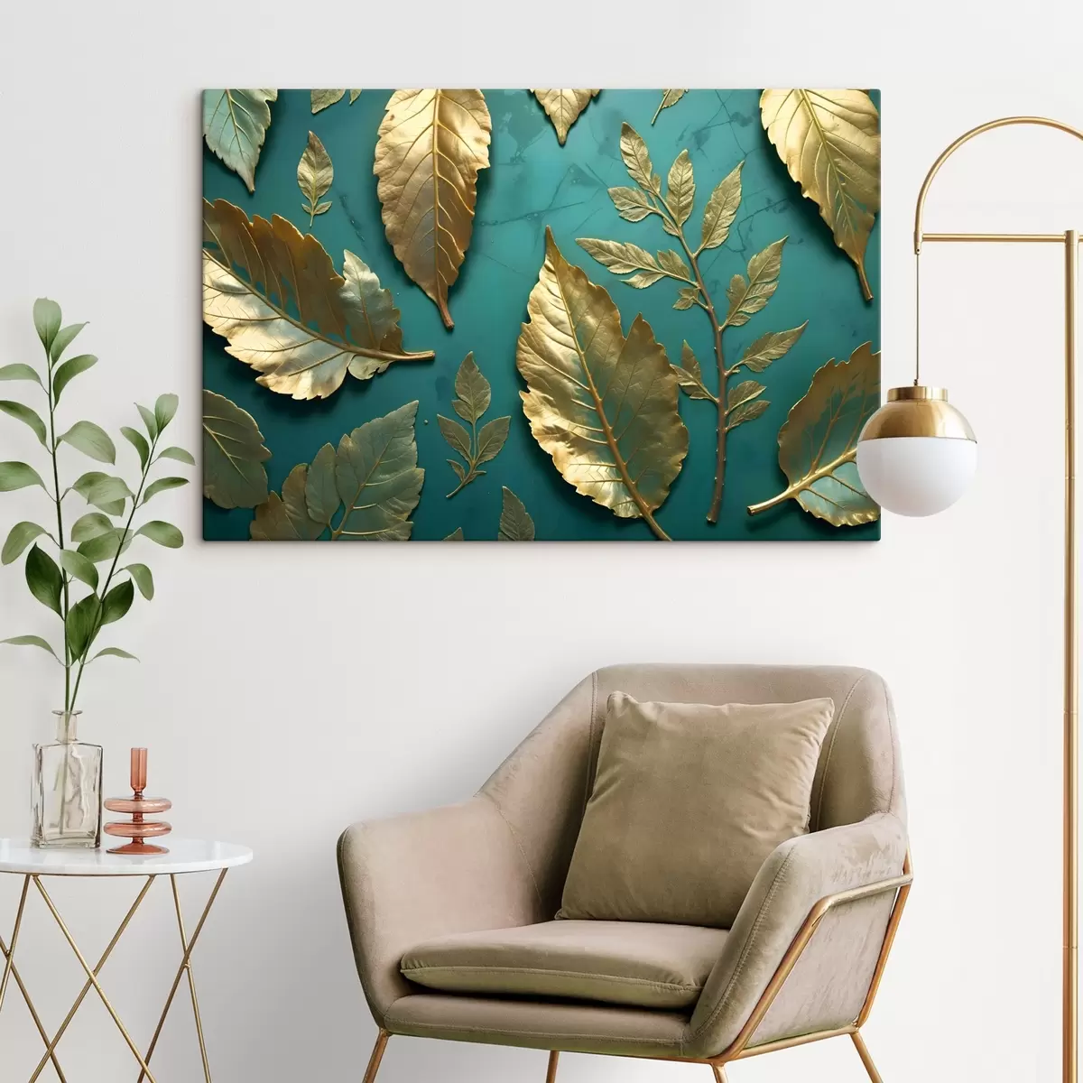 Pilt Kollased õrnad lehed sinaka taustal, mis loovad elegantse botaanilise trükise s41727