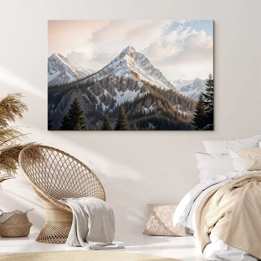 Pilt Lumekattega mäetipus, mis tõuseb üle metsase maastiku, esiplaanil mändid s41736