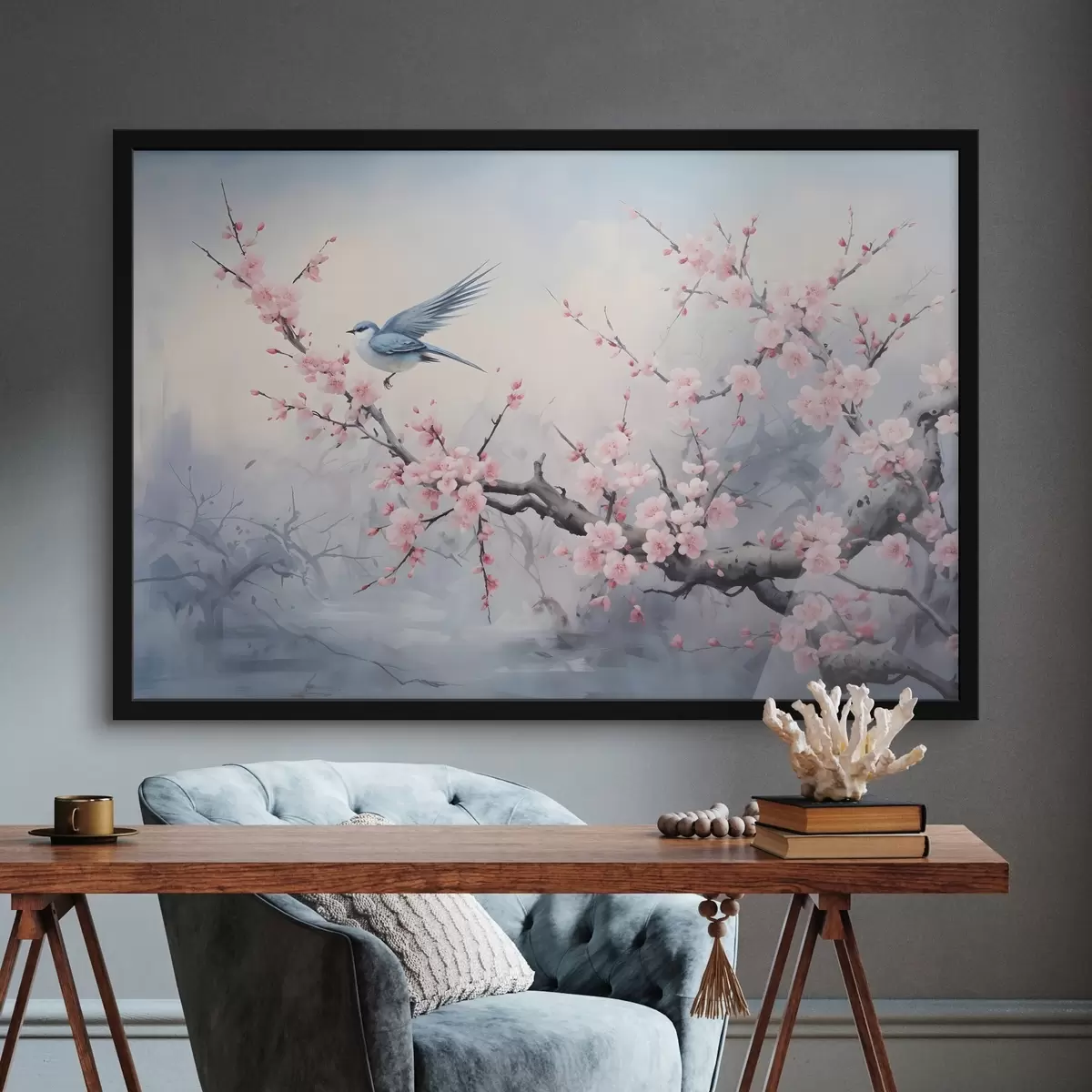 Plakat Sinine lind, kes lendab roosade kirsiõielillede vahel sumedal kevadisel summutatud taustal f41712