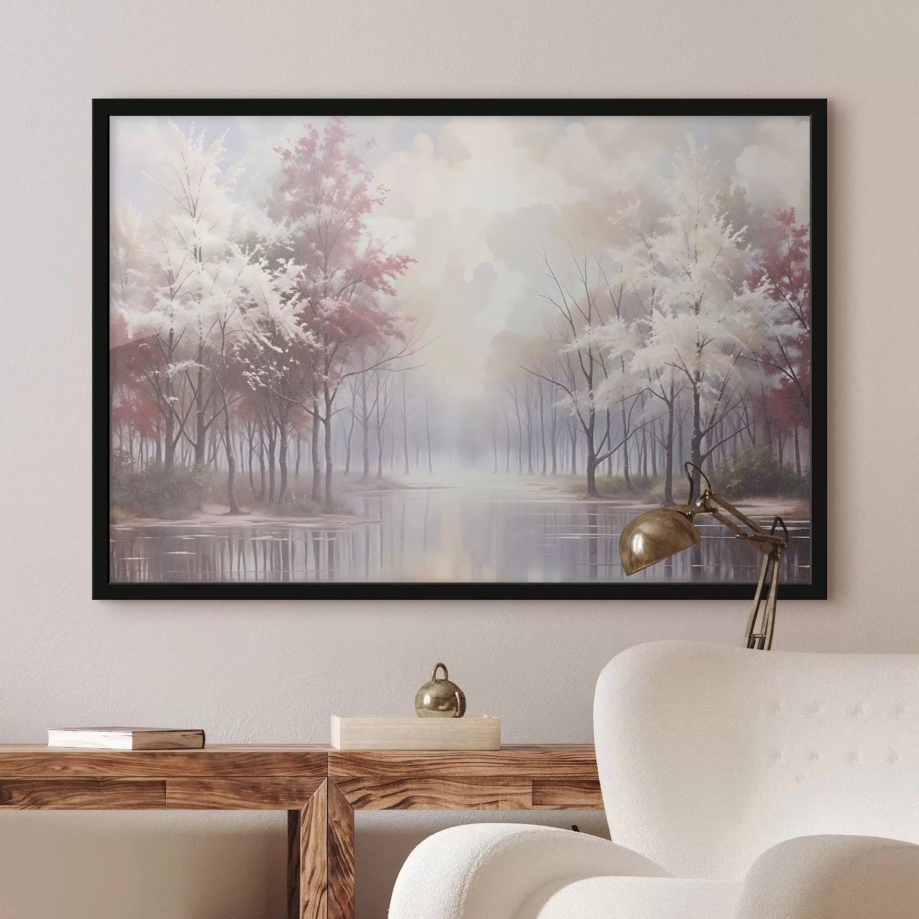 Fototapeedid Rahulik maastik uduse metsa, paljaste puude ja rahulik järvega, mis peegeldab pehmeid roosasid ja valgeid toone f41720