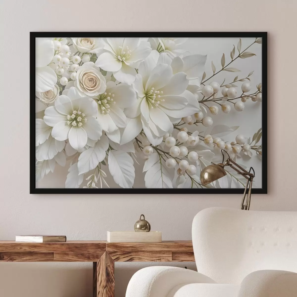 Plakat Õrnad valged lilled, sealhulgas lilled, roosid ja muud pehmete, sametiste kroonlehtedega õied f41722