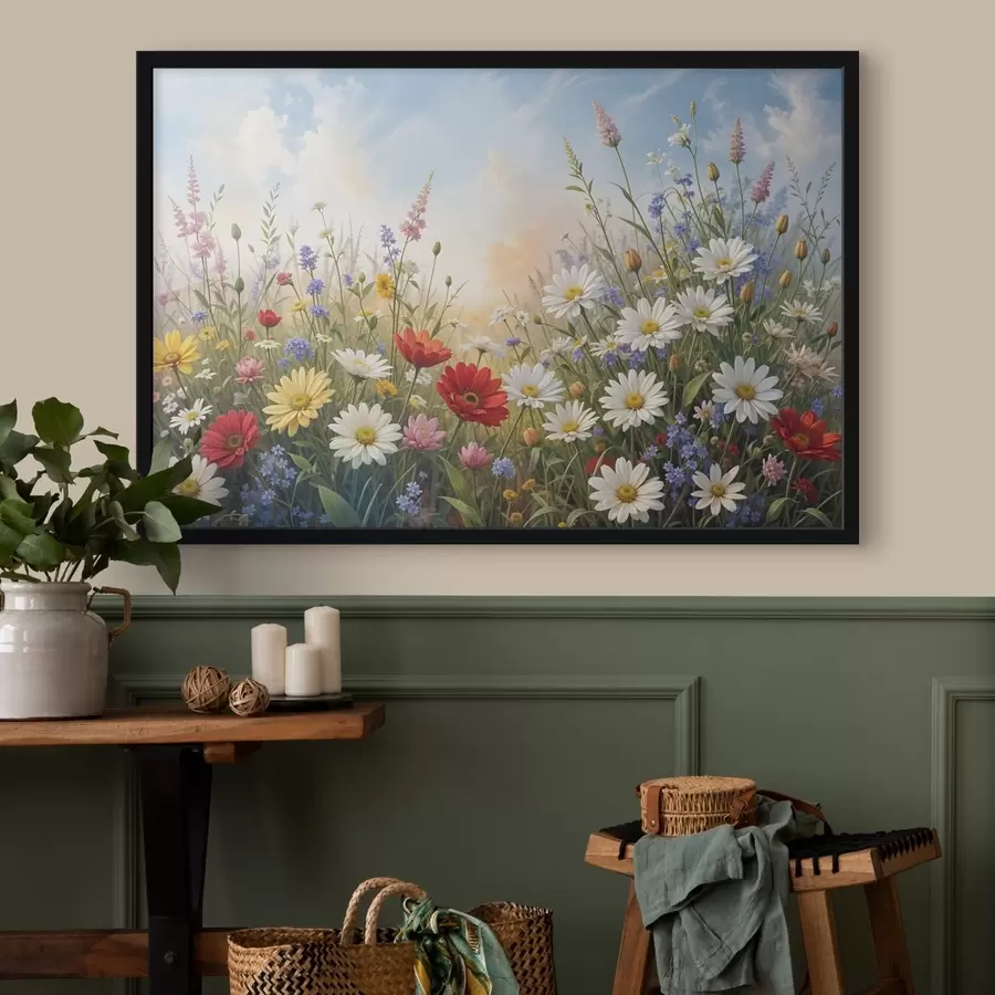 Fototapeedid Värviliste metsalillede väli, sealhulgas päevalilled, moonid ja muud õitsevad taimed sinise taeva taustal f41725