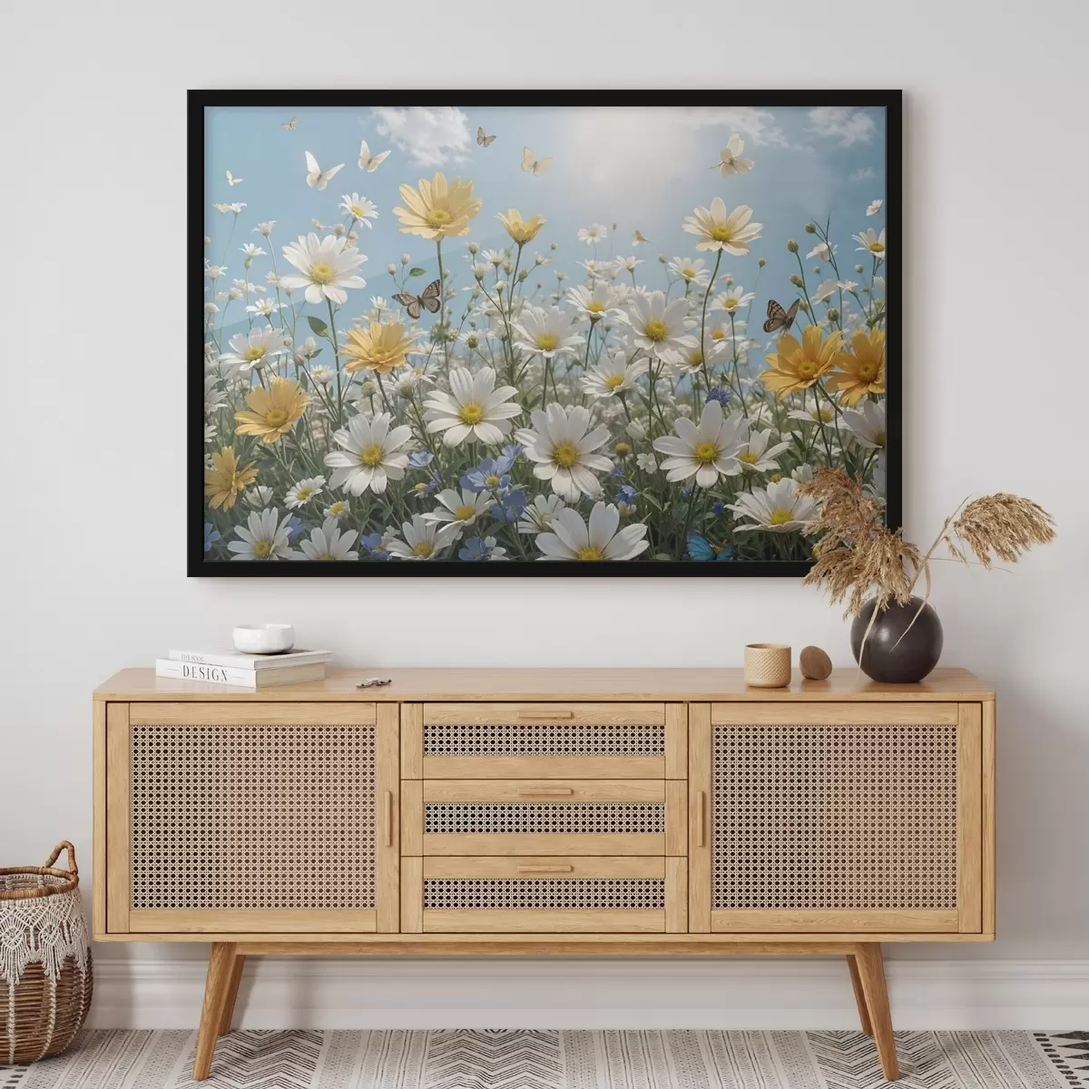 Plakat Valge ja kollane maratüünide väli sinise taeva taustal, mille kohal lendavad kohevad valged pilved ja liblikad f41726