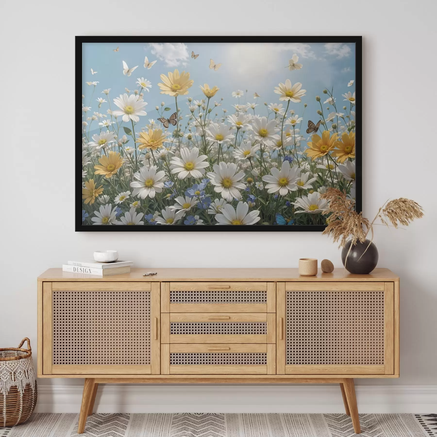 Fototapeedid Valge ja kollane maratüünide väli sinise taeva taustal, mille kohal lendavad kohevad valged pilved ja liblikad f41726