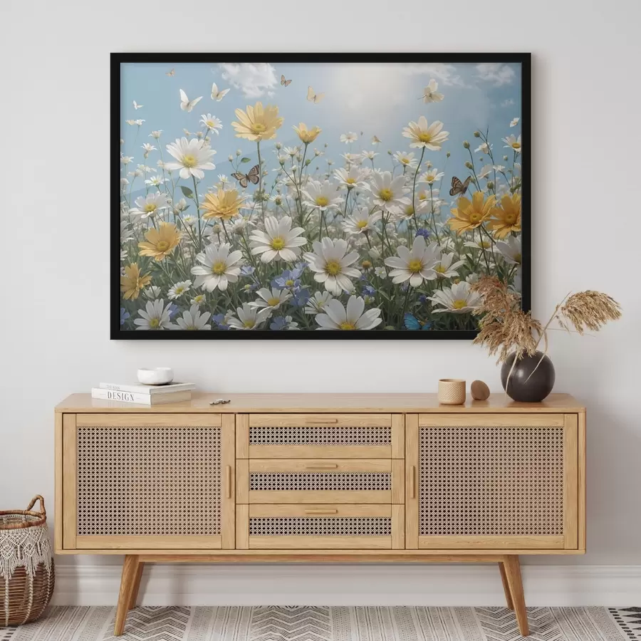 Fototapeedid Valge ja kollane maratüünide väli sinise taeva taustal, mille kohal lendavad kohevad valged pilved ja liblikad f41726