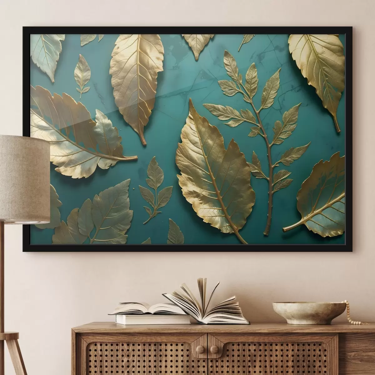 Plakat Kollased õrnad lehed sinaka taustal, mis loovad elegantse botaanilise trükise f41727