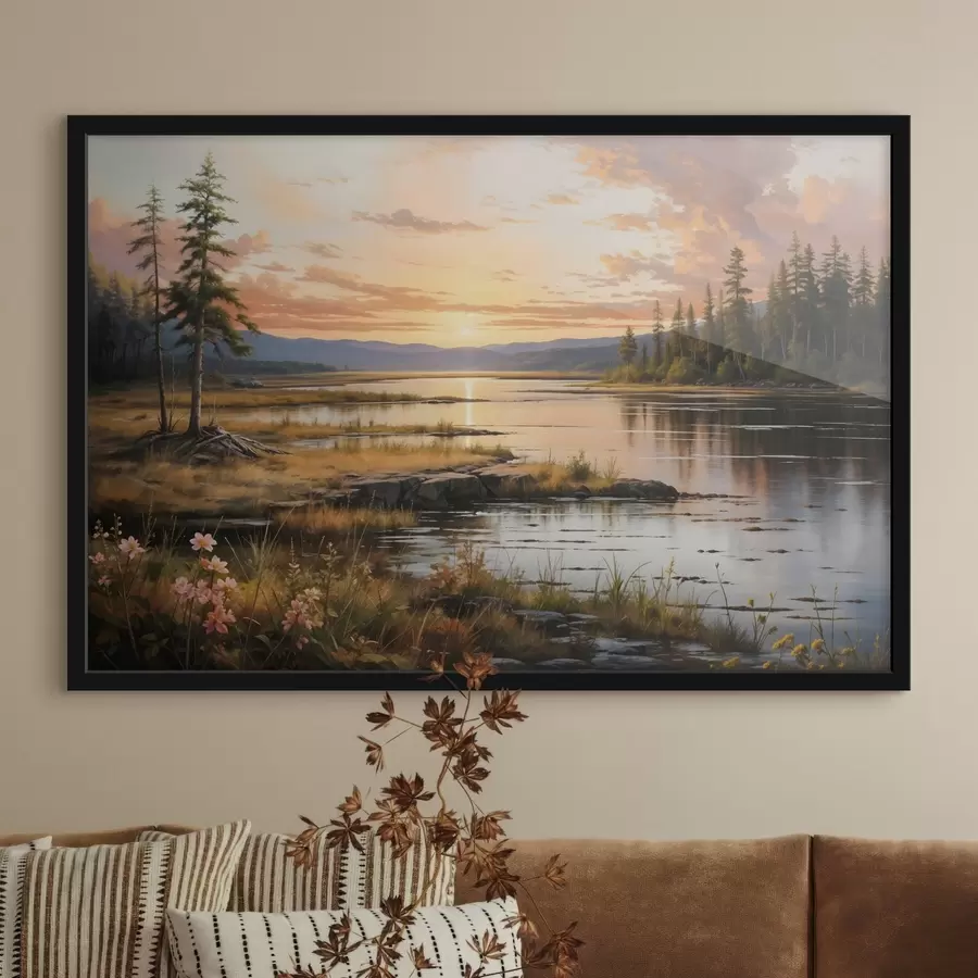 Fototapeedid Rahulik maastik, kus järv on ümbritsetud männipuudega, mis peegeldavad päikeseloojangu taeva sooje värve f41733