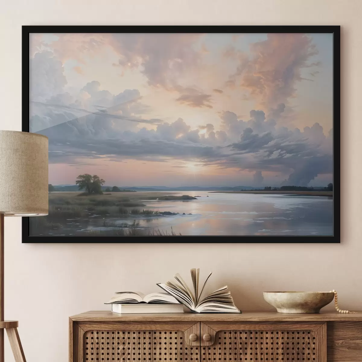 Plakat Rahulik pastellvärviline maastik, kus rahulik järv peegeldab värvilist taevast päikeseloojangul f41734