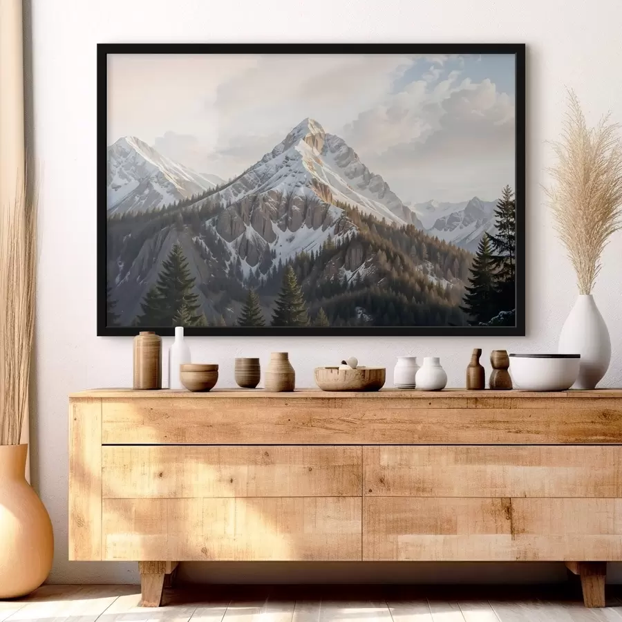 Fototapeedid Lumekattega mäetipus, mis tõuseb üle metsase maastiku, esiplaanil mändid f41736