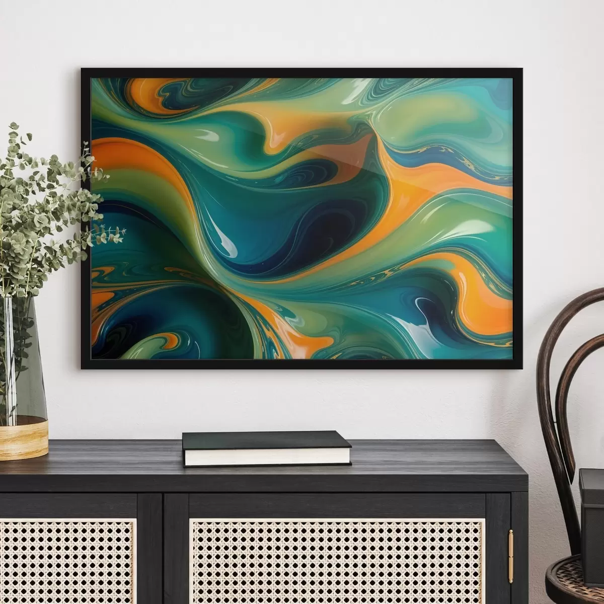 Plakat Roheliste, siniste ja oranžide toonide keerlevad abstraktsed mustrid koos voolavate, orgaaniliste vormide ja tekstuuridega f41737