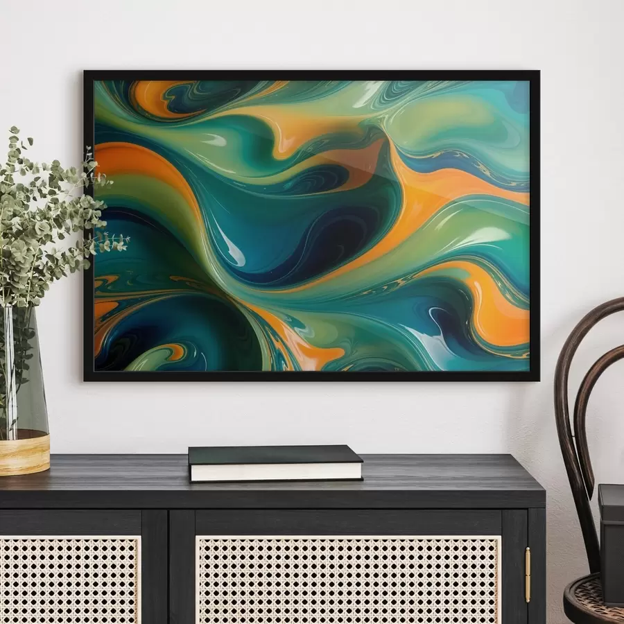 Pilt Roheliste, siniste ja oranžide toonide keerlevad abstraktsed mustrid koos voolavate, orgaaniliste vormide ja tekstuuridega f41737