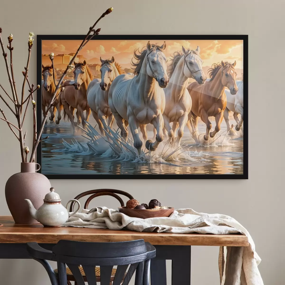 Plakat Valge hobusekari, kes jookseb läbi madalate veekogude, taustaks oranž taevas f41740